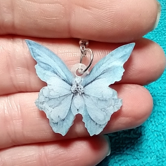 Blue white butterfly wire dangle earrings - Picture 1 of 3